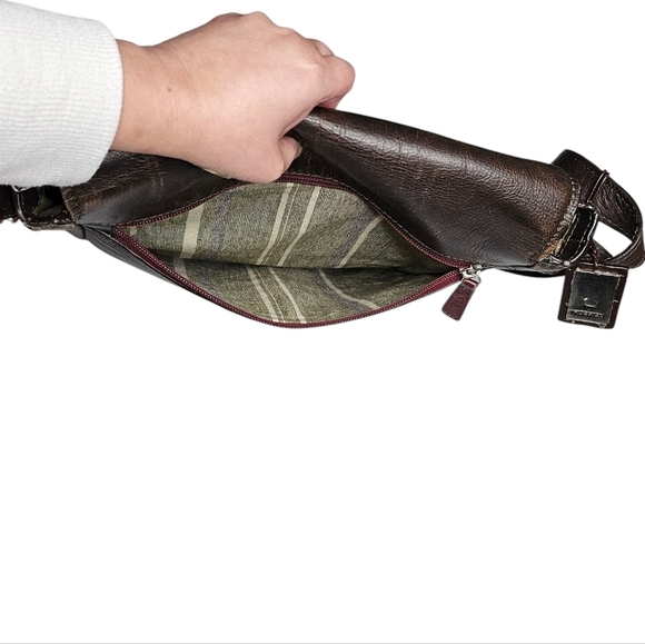 Aged Dark Brown Leather Messenger Bag Green Striped Cloth Lining Tons of Pockets - Picture 8 of 16
